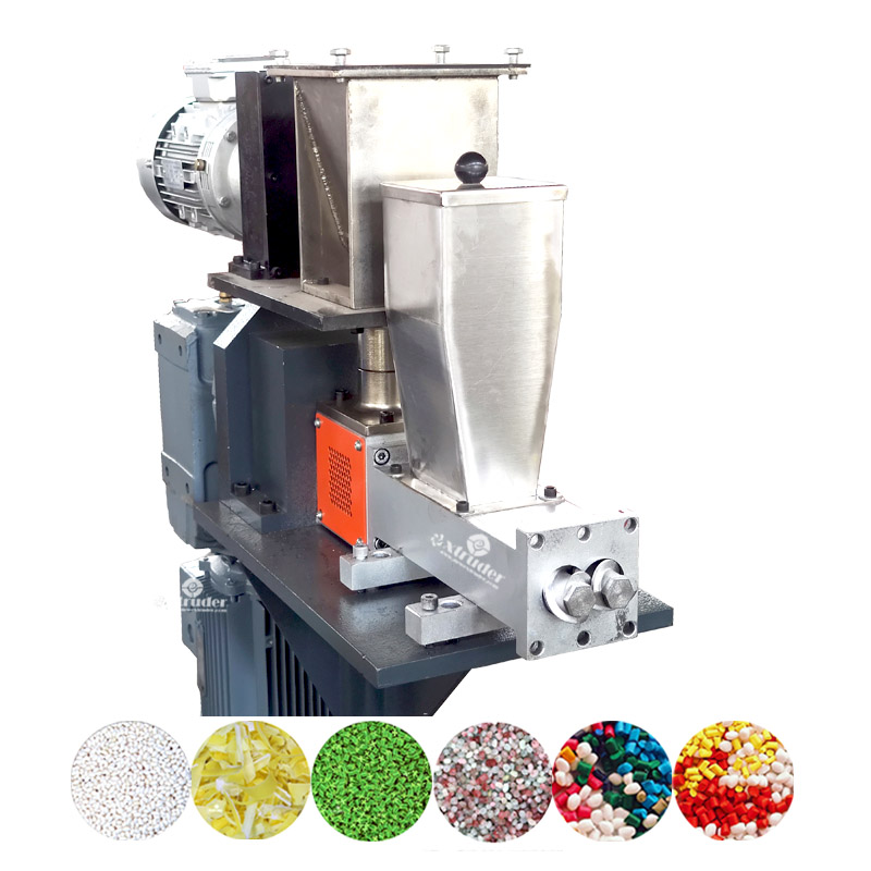 This twin screw plastic machine not only is for laboratory testing (to check if the formula or technical processing is workable or needs to approve.) but also for small production, especially for multiple colors but  small quantity orders. This twin screw plastic extruder could be used for waster PET film and other film chips regranulation into particles. It's popular in plastic recycling granule business fields.