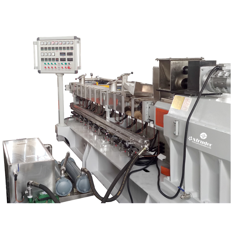 This twin screw filler master batch extruder machine is designed for PP + CaCO3 (Calcium Carbonate) powder (high percentage of this powder or BaSO4 powder) added filler masterbatch, high screw speed, and high torque gea